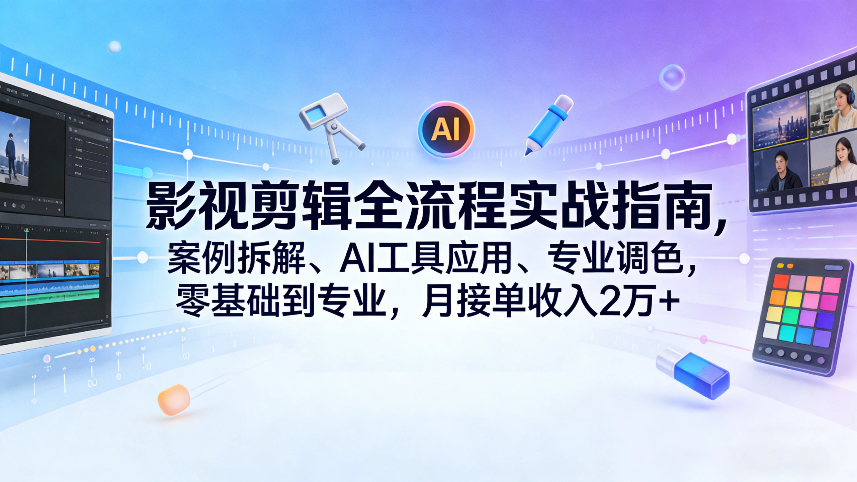 影视剪辑全流程实战指南，案例拆解、AI工具应用、专业调色，零基础到专业，月接单收入2万+