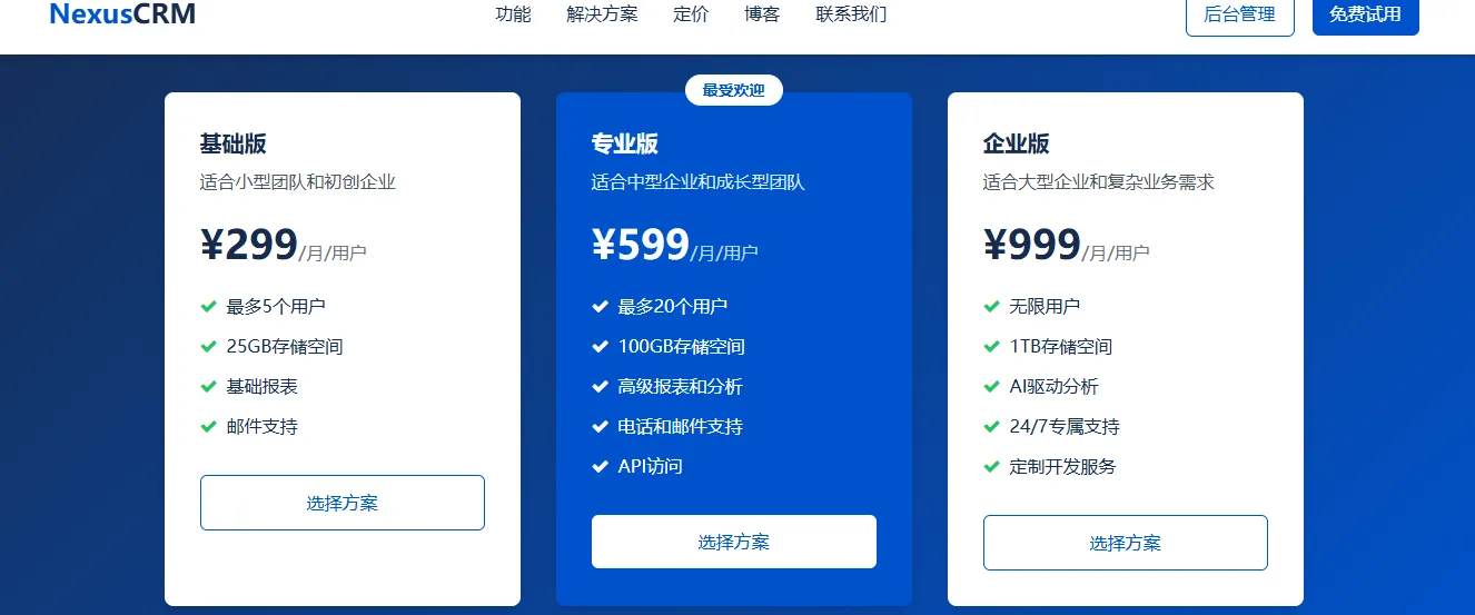 专业的 2B 企业级 CRM 产品宣传网站。网站采用蓝色主题，