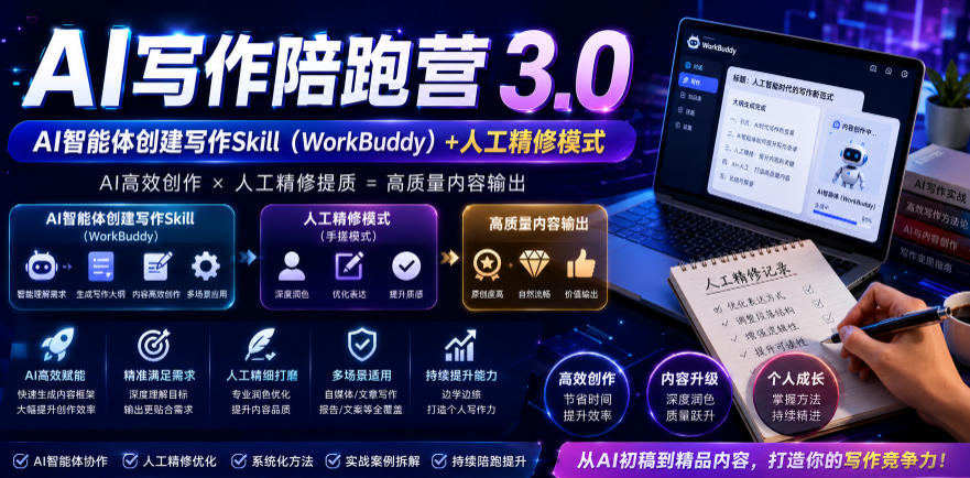 AI写作陪跑营3.0，Ai智能体创建写作skill(workbuddy)+人工手写模式(手搓模式)，去除AI痕迹(头条号、公众号、百家号) 图1
