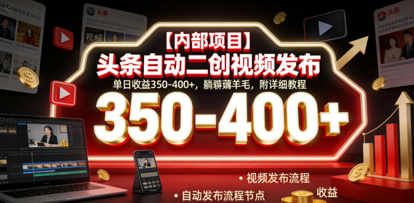 【内部项目】头条自动二创视频发布，单日收益350-400+，躺賺薅羊毛，附详细教程【揭秘】 图1