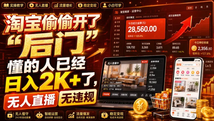 淘宝偷偷开了“后门”,懂的人已经日入2K+了,无人直播无违规,一台电脑=一家24小时营业的线上门店