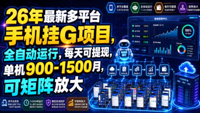 26年最新多平台手机挂G项目,全自动运行,每天可提现,单机900-1500月,可矩阵放大