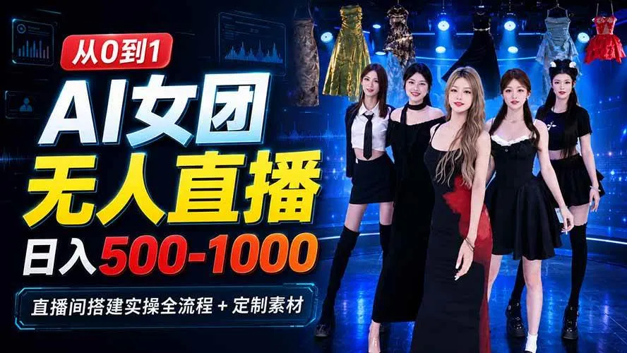AI 女团无人直播,躺入500-1000每天,直播间搭建实操全流程+定制素材