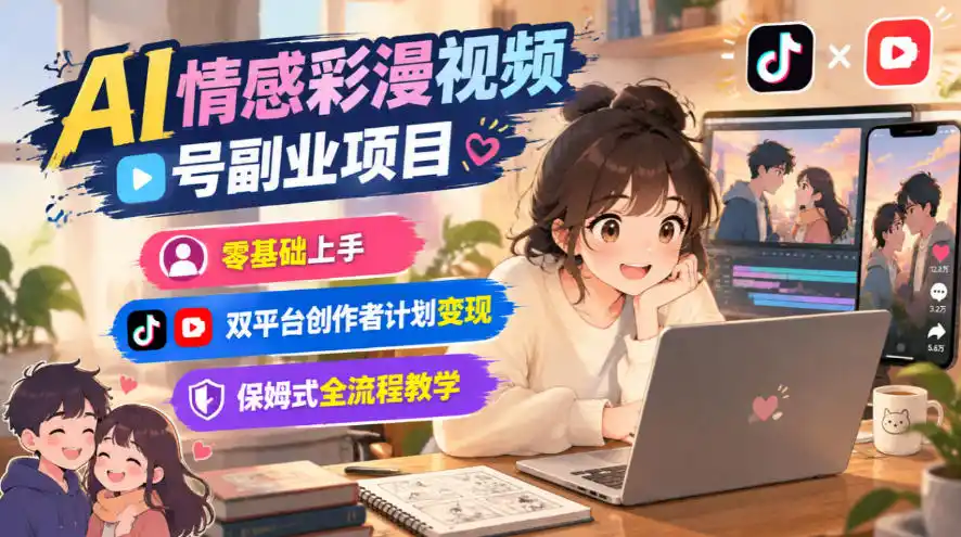 AI情感彩漫视频号副业项目，零基础上手，双平台创作者计划变现，保姆式全流程教学