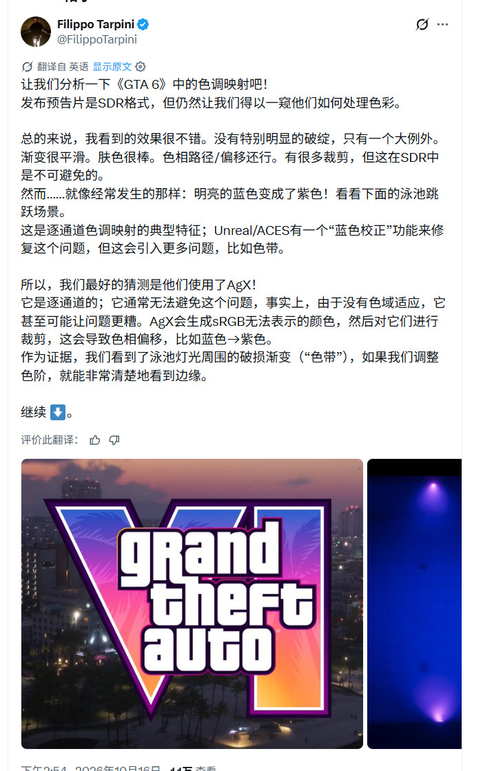 《GTA6》画面色调映射问题示意
