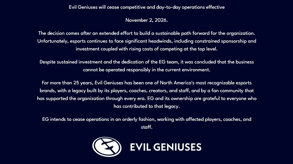 Evil Geniuses将停止全部赛事及日常运营 11月2日起正式生效