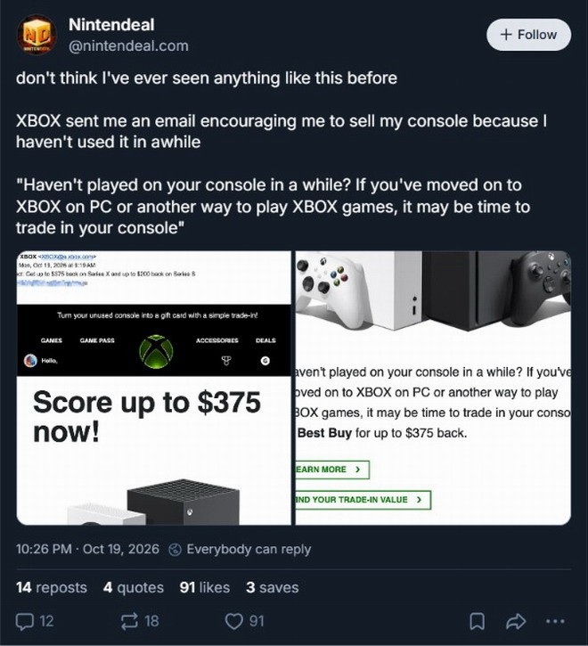 Xbox被曝邮件劝导闲置XSX|S用户折价回收,报价最高375美元