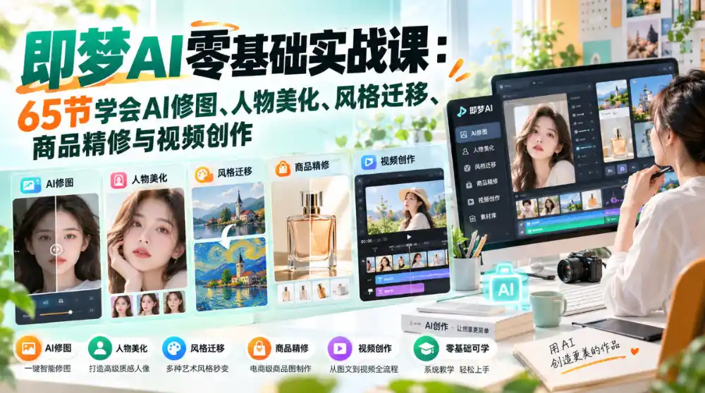 即梦AI零基础实战课:65节学会AI修图、人物美化、风格迁移、商品精修与视频创作