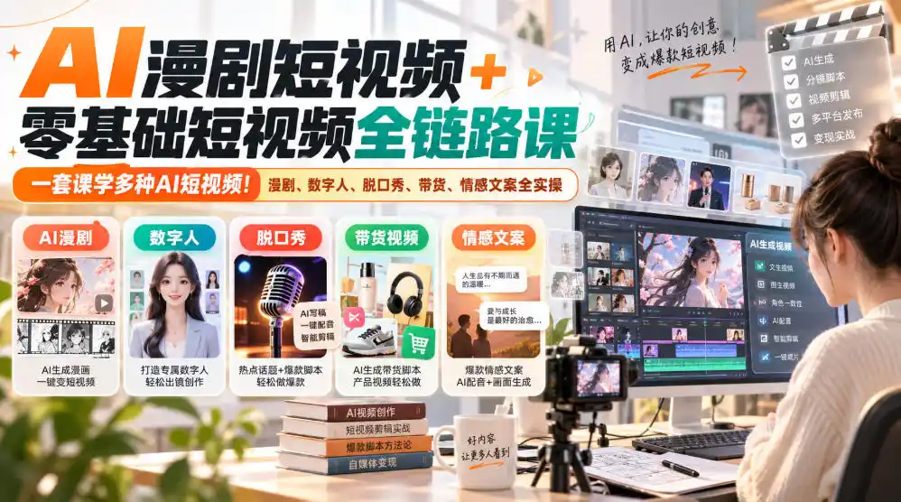 AI漫剧短视频+零基础短视频全链路课,一套课学多种AI短视频!漫剧、数字人、脱口秀、带货、情感文案全实操